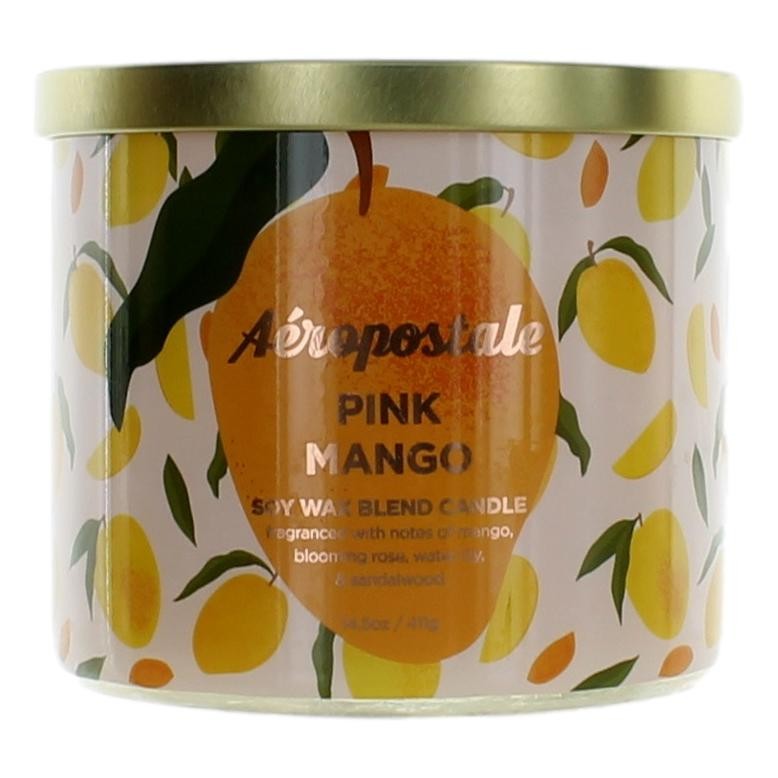 Aeropostale pink mango soy wax candle with three wicks, 14.5 oz, in a glass jar with a pink and orange design.