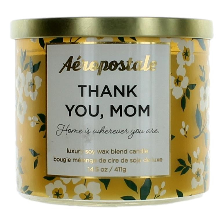 Aeropostale 14.5 oz soy wax blend three-wick candle with a "Thank You Mom" label, featuring a decorative lid and warm candle glow.