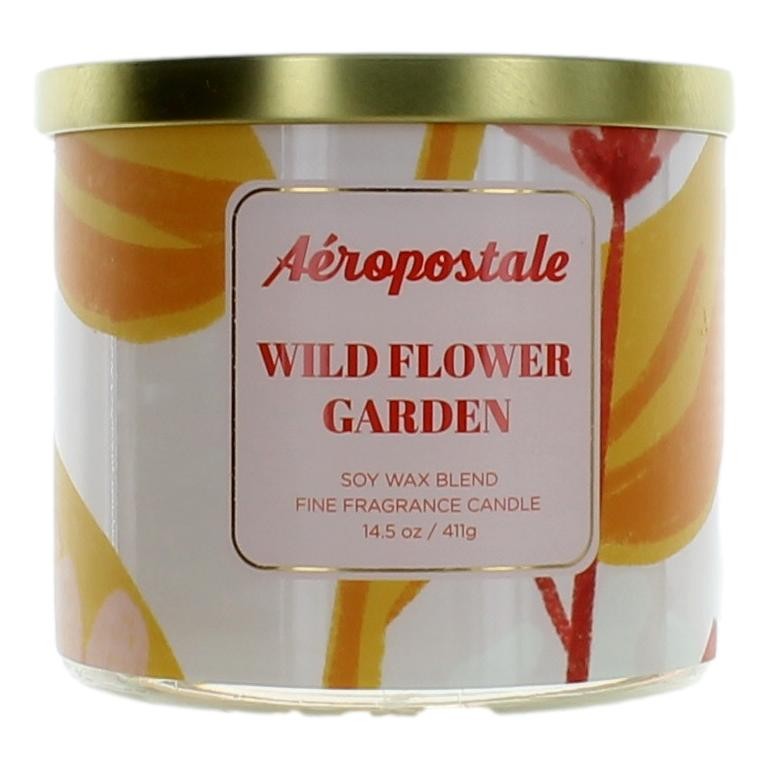 Aeropostale 14.5 oz soy wax blend three-wick candle with Wild Flower Garden scent, featuring a decorative glass container and a metal lid.