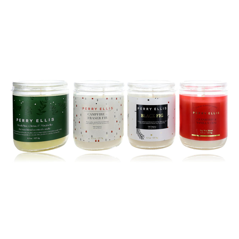 Perry Ellis Joy Coffret 4-piece candle set with colorful candles in decorative jars, perfect for home decor and ambiance.