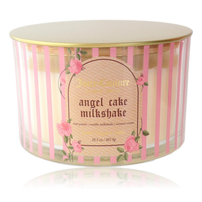 Juicy Couture 16.5oz soy wax blend 3-wick candle in Angel Cake Milkshake scent, featuring a stylish jar and decorative label.