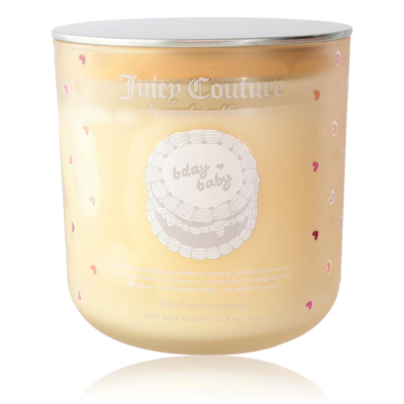 Juicy Couture Bday Baby fragrance candle in a 12.5 oz container, featuring a decorative design and the Juicy Couture brand logo.