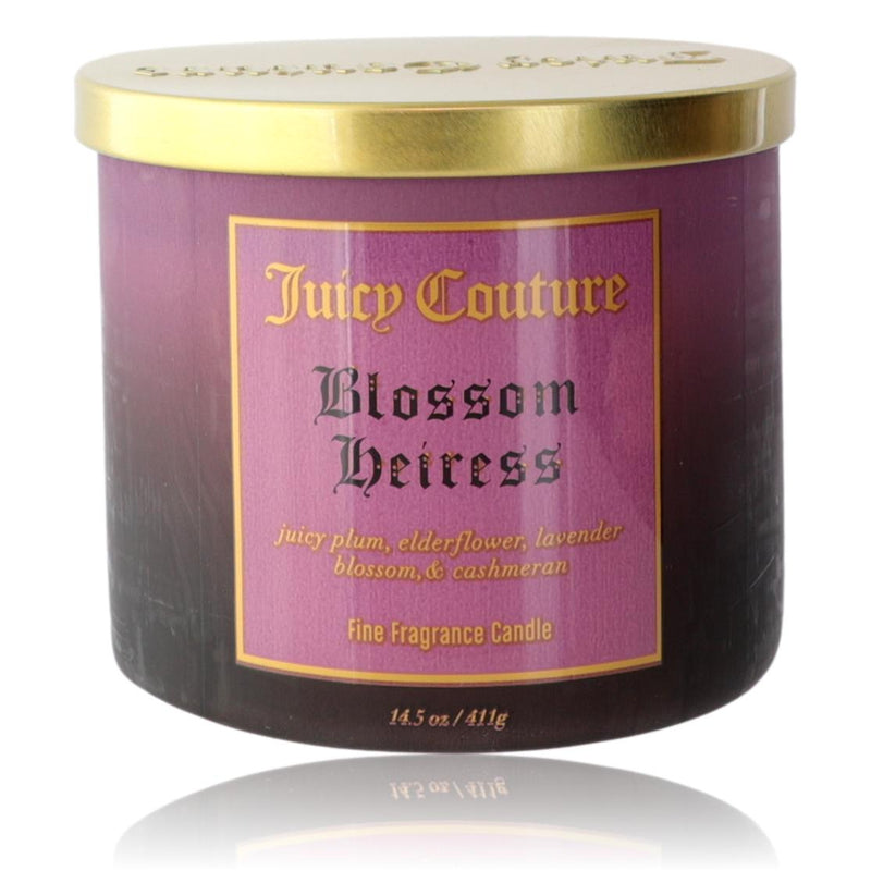 Juicy Couture Blossom Heiress soy wax candle with 3 wicks in a decorative jar, 14.5 oz, featuring floral and elegant design.