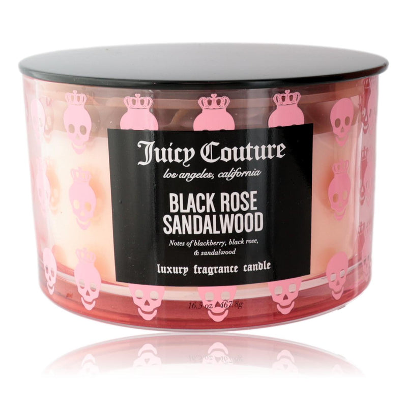 Juicy Couture 16.5oz soy wax blend 3-wick candle in black with rose and sandalwood scent, showcasing the elegant candle design.