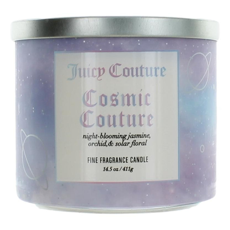 Juicy Couture Cosmic Couture soy wax 3-wick candle in a decorative jar, 14.5 oz, featuring a colorful celestial design.