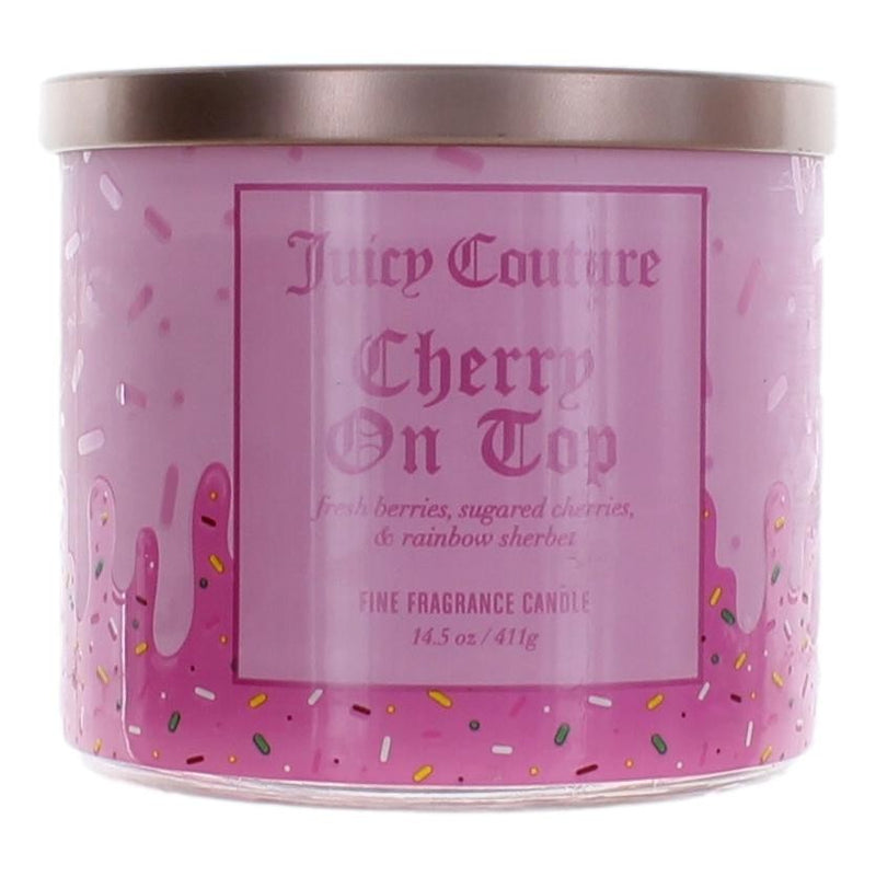 Juicy Couture Cherry On Top soy wax blend 3-wick candle in a glass jar, featuring a red cherry and floral design.