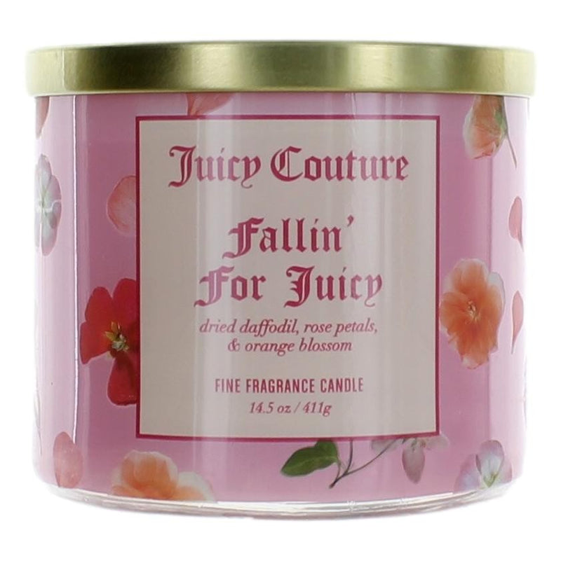 Juicy Couture Fallin' For Juicy 14.5 oz soy wax candle with three wicks, in a decorative jar, perfect for cozy fall ambiance.