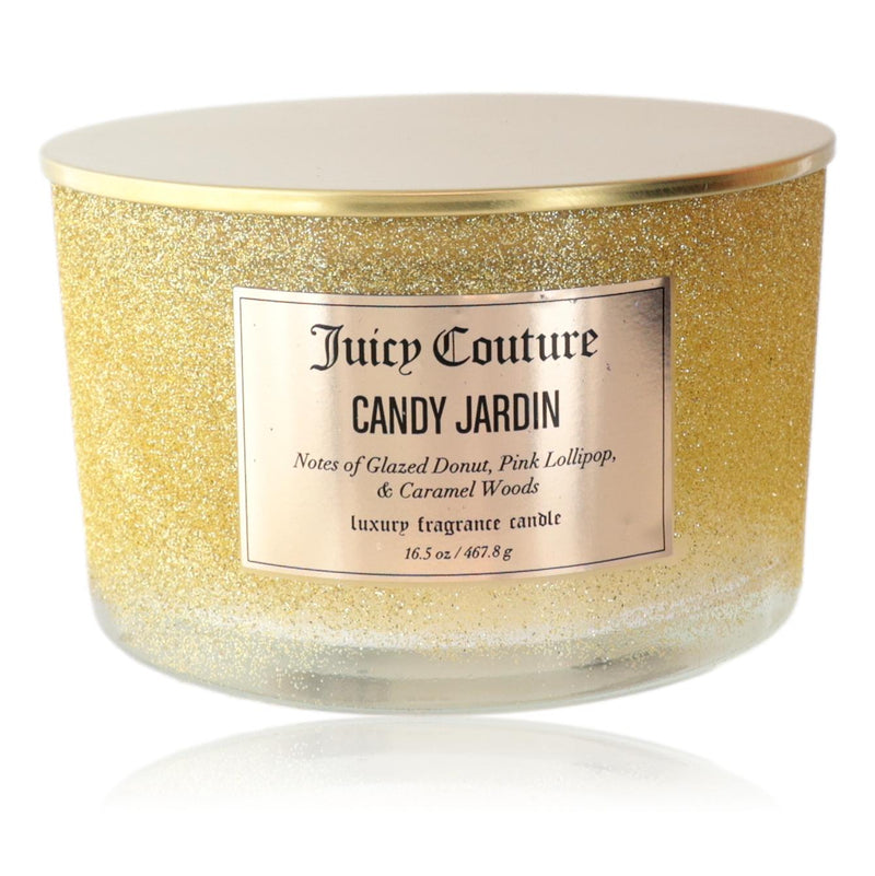 Juicy Couture Candy Jardin 16.5 oz soy wax blend 3-wick candle with floral and fruity design and packaging.
