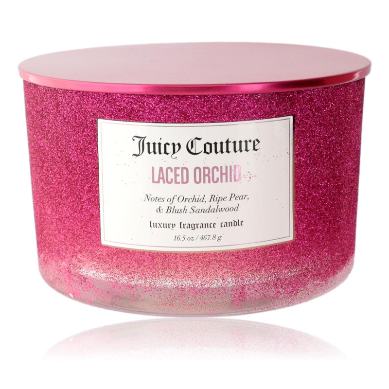 Juicy Couture 16.5 oz Laced Orchid soy wax candle with three wicks, featuring floral and elegant packaging design.
