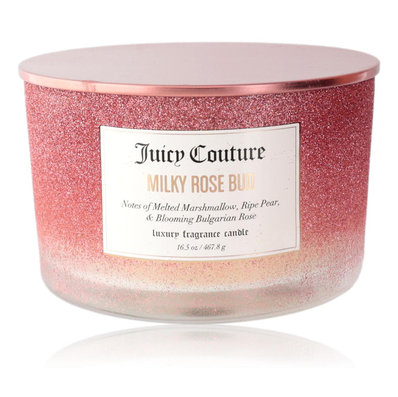 Juicy Couture 16.5 oz soy wax blend three-wick candle with Milky Rose Bud scent, featuring a decorative floral design.