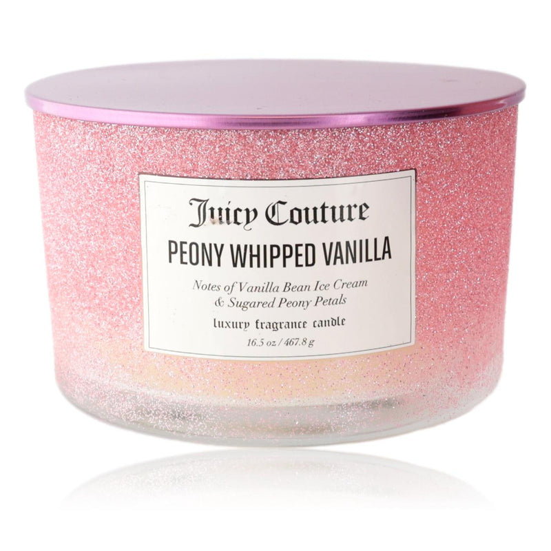 Juicy Couture 16.5oz soy wax blend three-wick candle with peony and whipped vanilla scent, featuring a decorative glass container.