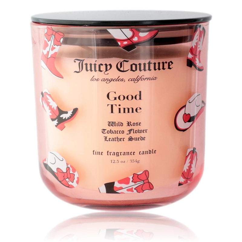 Juicy Couture Good Time fragrance candle, 12.5 oz, with a decorative jar and floral accents, showcasing elegant packaging and a lit wick.