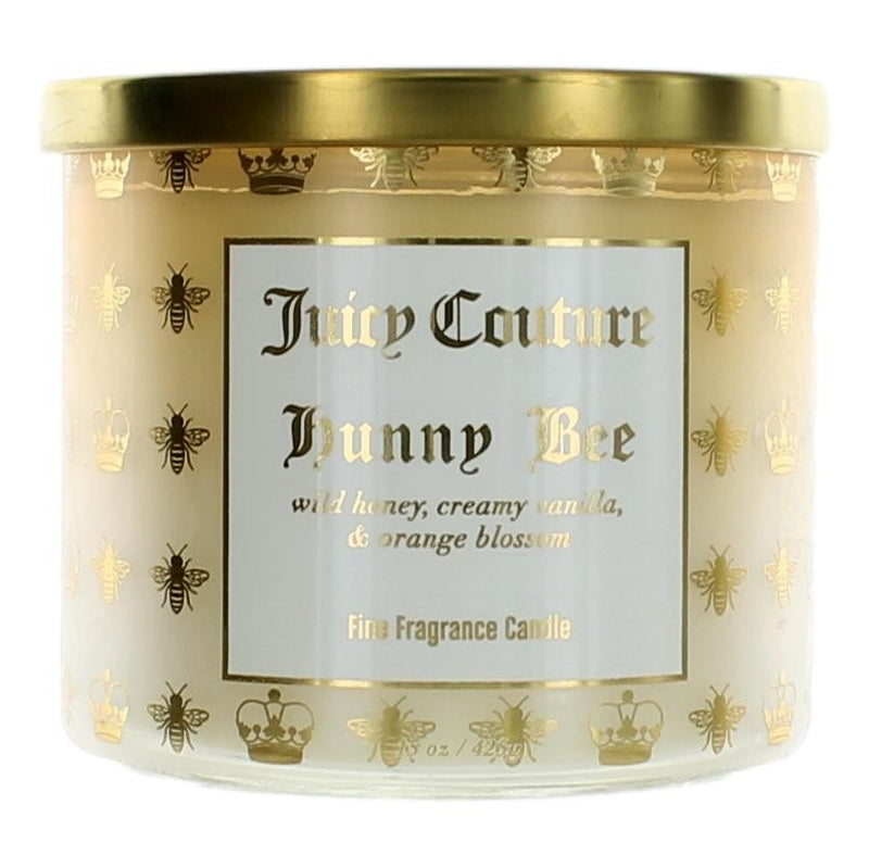 Juicy Couture Hunny Bee soy wax blend 3-wick candle in a jar with a floral and bee-themed design.
