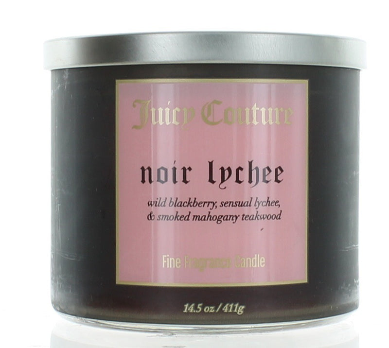 Juicy Couture Noir Lychee 14.5 oz soy wax 3-wick candle in a glass jar with a black label and three wicks, ready for home decor.