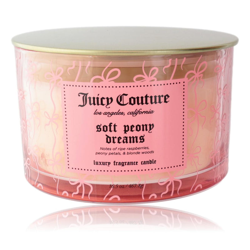 Juicy Couture 16.5 oz Soy Wax Blend 3-Wick Candle in Soft Peony Dreams with floral design and clear glass container.