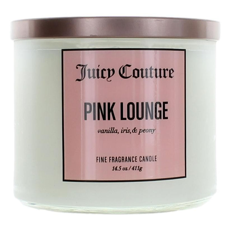 Juicy Couture Pink Lounge 14.5 oz soy wax blend 3-wick candle with a decorative jar and pink packaging.