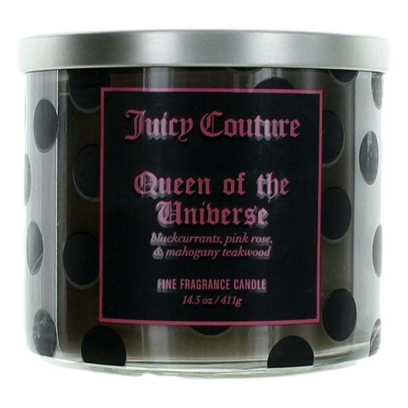 Juicy Couture Queen of the Universe 14.5oz soy wax blend 3-wick candle with decorative packaging and label.