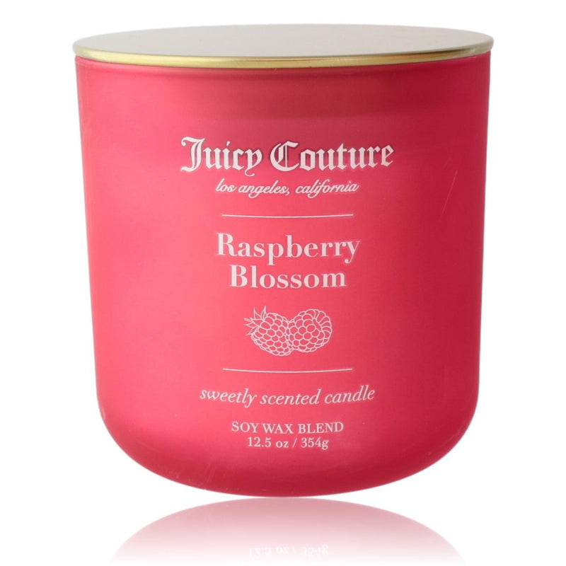 Juicy Couture Raspberry Blossom fragrance candle, 12.5 oz, with a decorative jar featuring a floral design and a white lid.