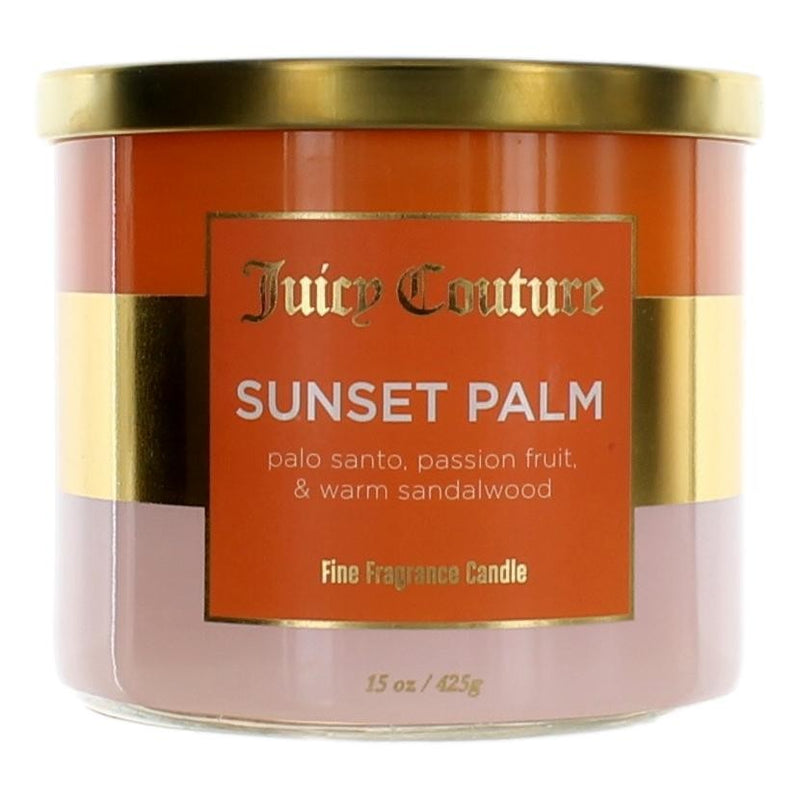Juicy Couture Sunset Palm 14.5 oz soy wax blend 3-wick candle with floral and sunset-inspired design on the jar.
