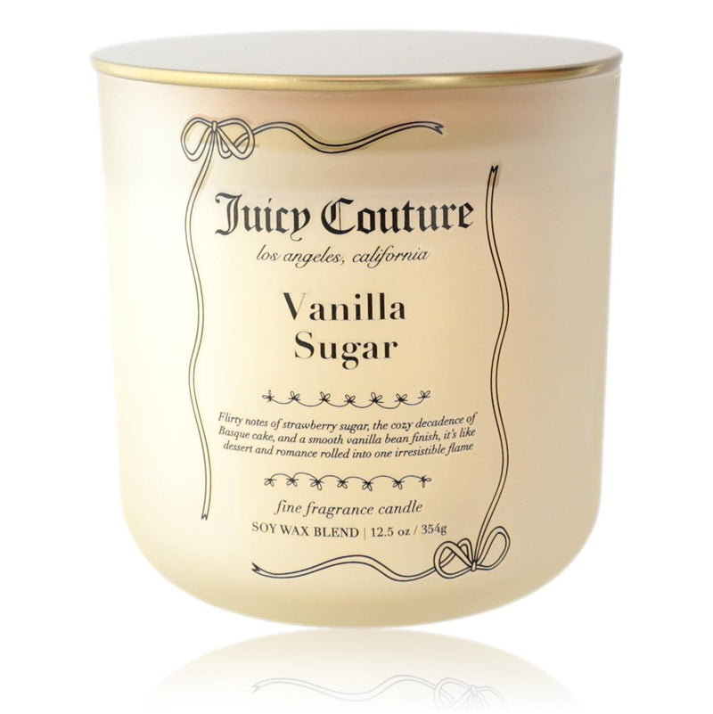 Juicy Couture Vanilla Sugar fragrance candle in a 12.5 oz glass jar with a lit wick and a decorative label.