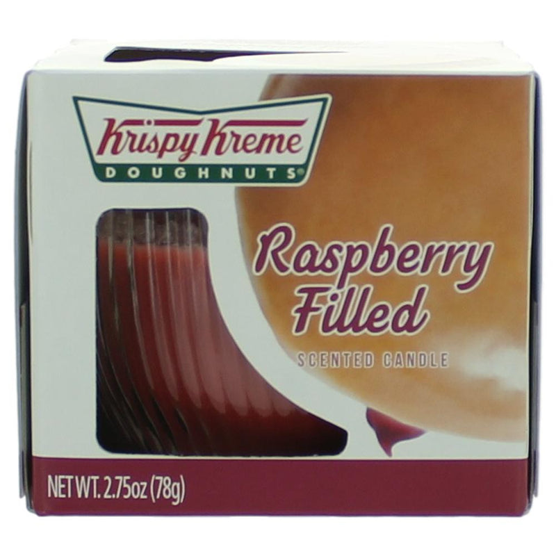 Krispy Kreme Raspberry Filled scented candle in a 2.75 oz jar, featuring a visual of the candle with raspberry-themed packaging.