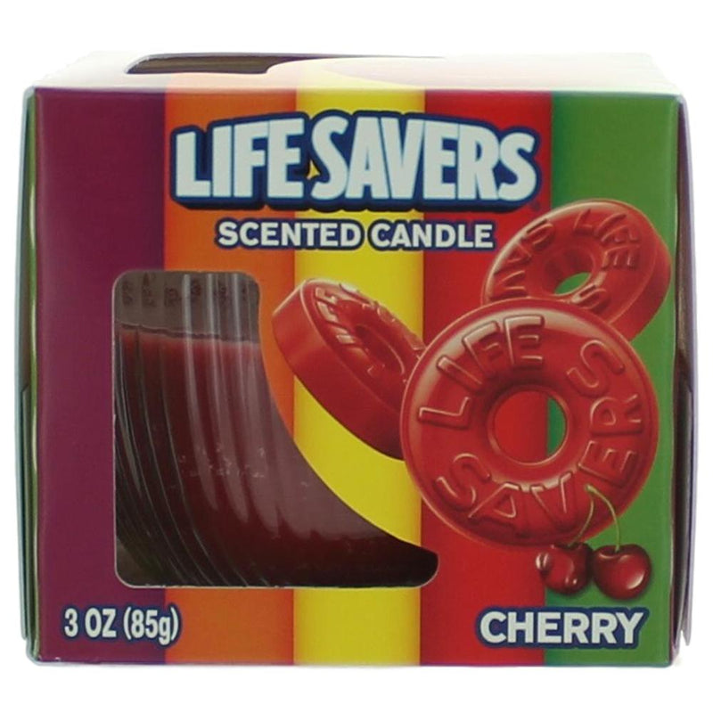 Life Savers Cherry scented candle in a 3 oz jar, featuring bright red wax and a wicking flame, perfect for cozy home decor.