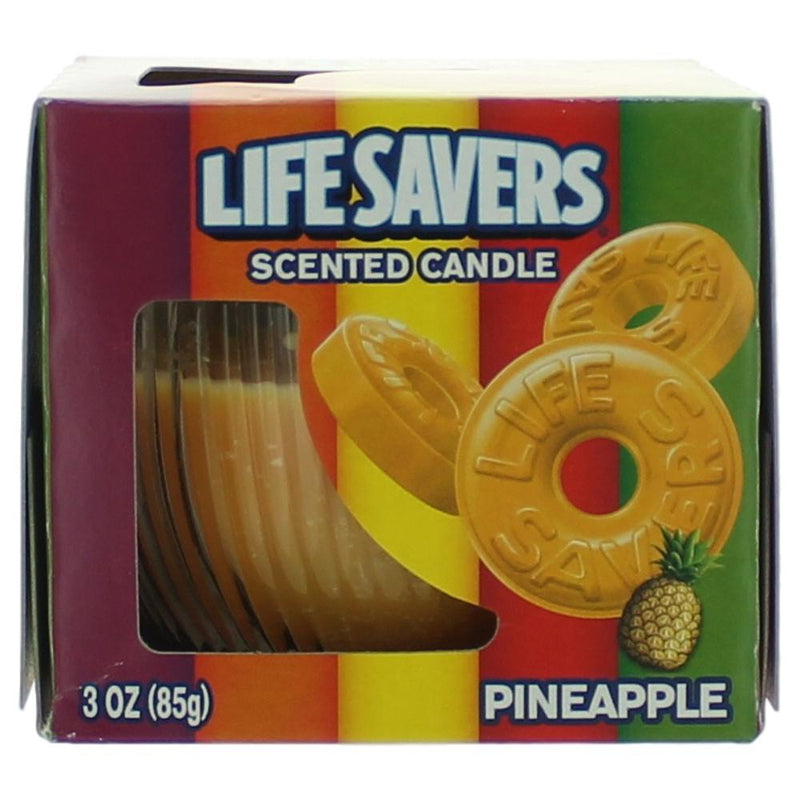 Life Savers scented candle in a 3 oz jar with pineapple fragrance, showcasing a decorative candle with tropical fruit scent.
