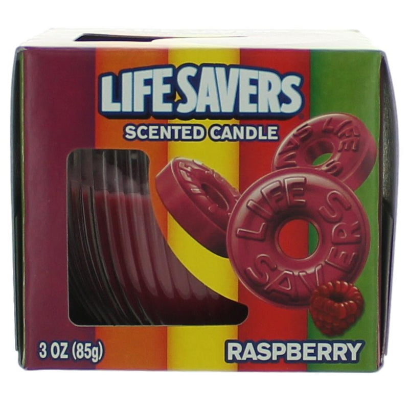 Life Savers scented candle in a 3 oz jar featuring a raspberry fragrance, with a lit wick and decorative label.