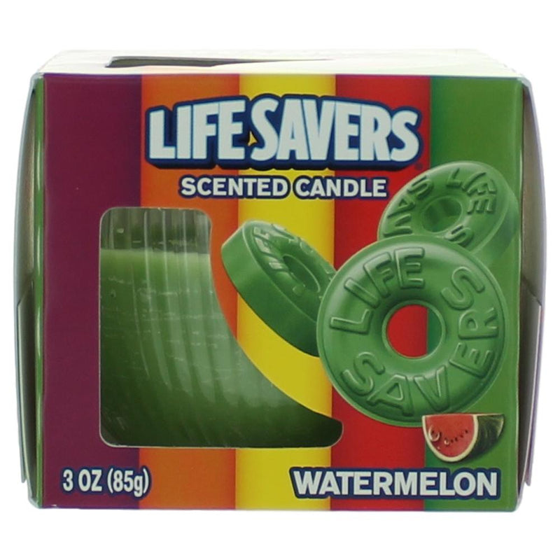 Life Savers Watermelon Scented Candle in a 3 oz jar, with vibrant pink wax and a cotton wick, perfect for adding a fresh fruit aroma.