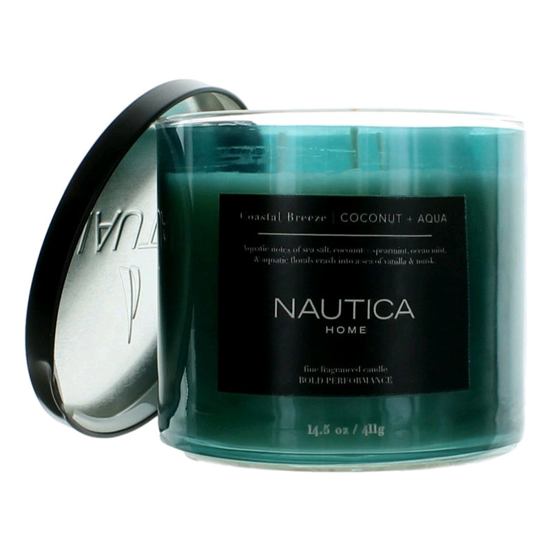 Nautica 14.5oz soy wax blend candle with three wicks, Coastal Breeze scent featuring coconut and aqua.