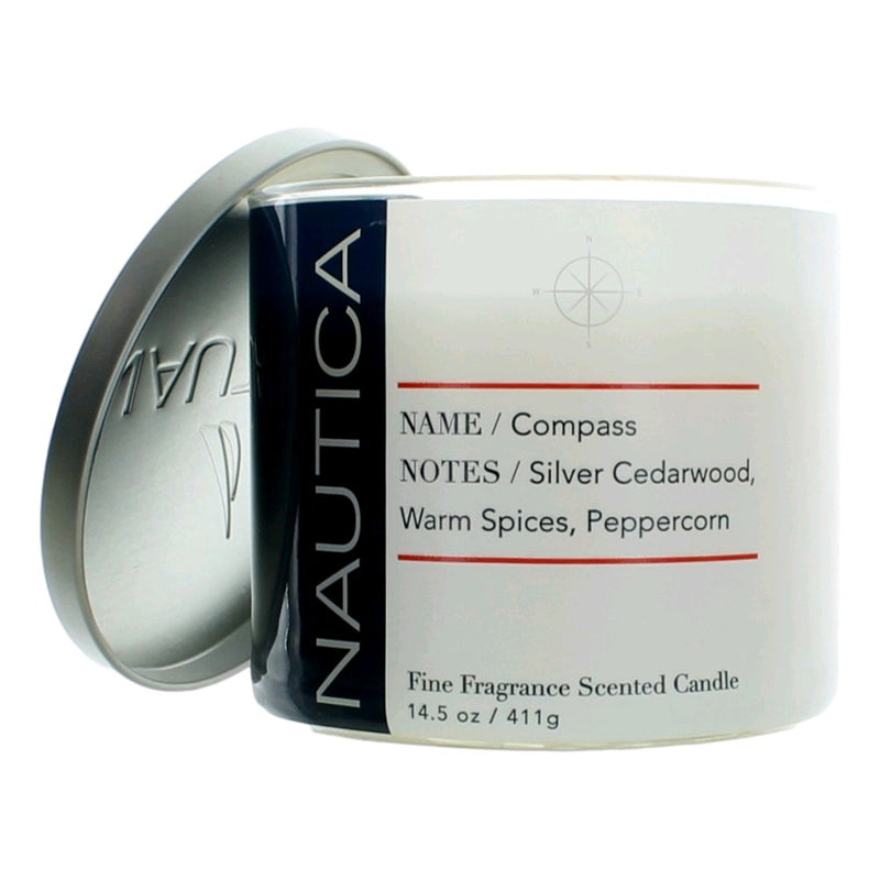 Nautica 14.5 oz soy wax blend 3-wick candle with compass design, featuring a stylish jar and natural wax finish.