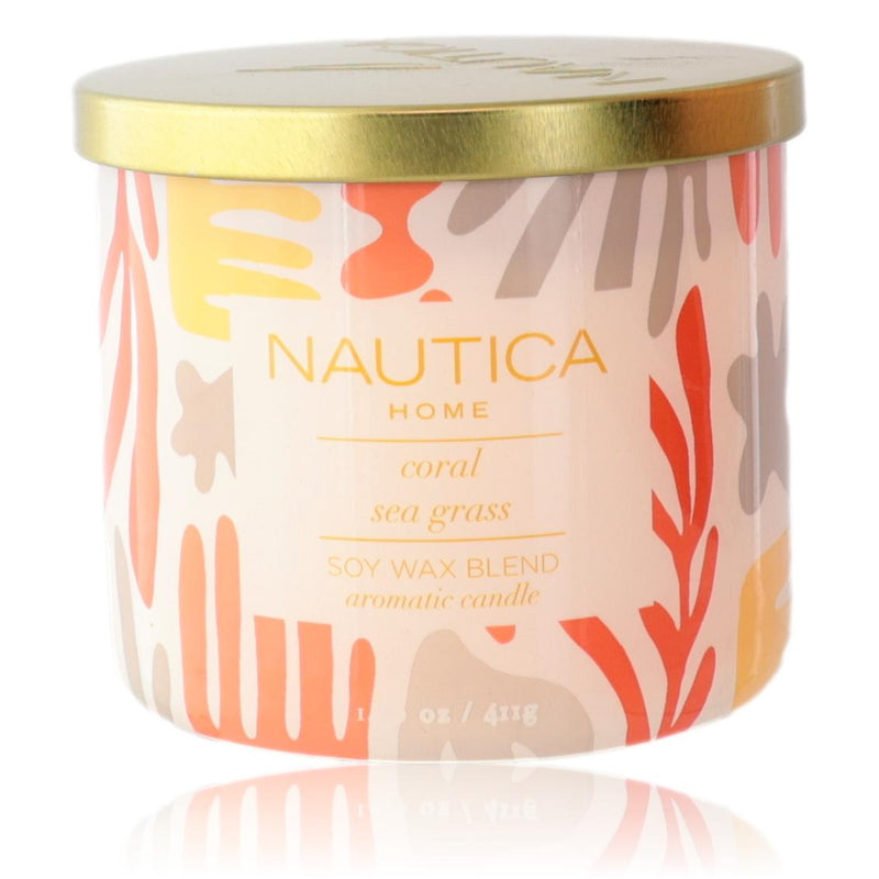 Nautica Coral Sea Grass 14.5 oz soy wax blend 3-wick candle with coral and green botanical design.