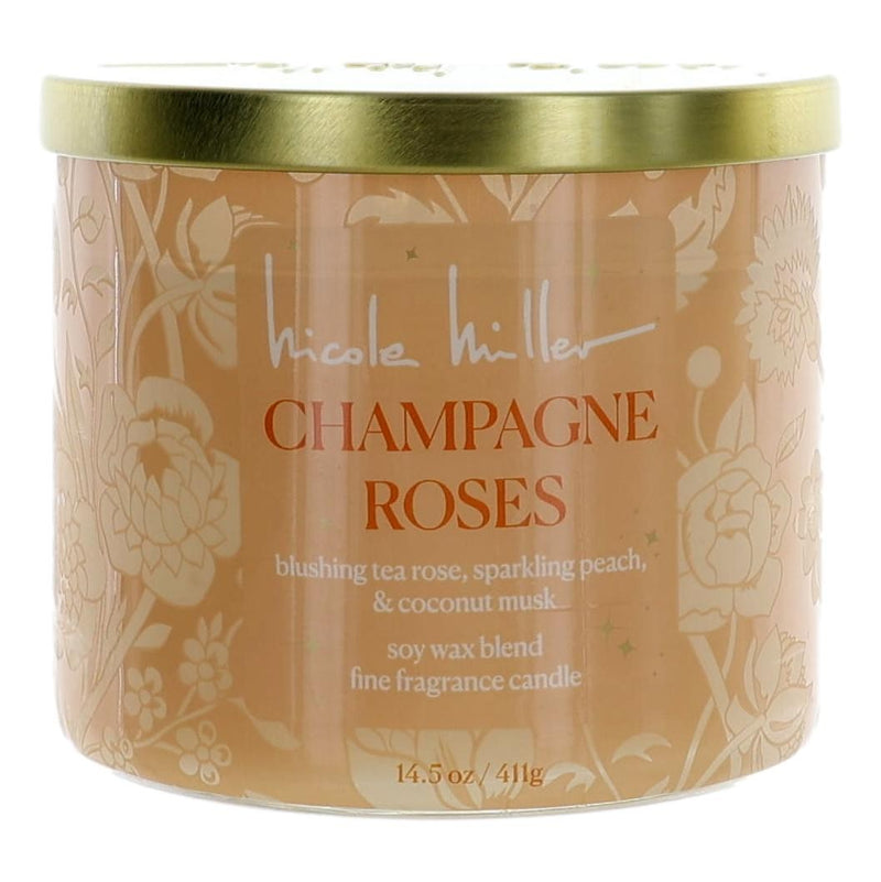Nicole Miller Champagne Roses soy wax candle with three wicks in a glass jar, showcasing elegant floral design.