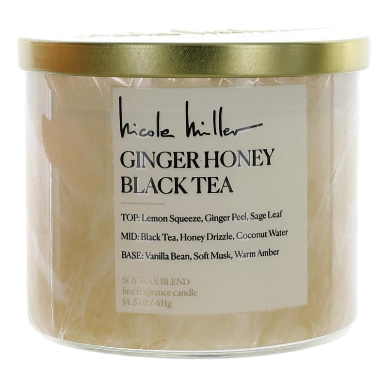 Nicole Miller ginger honey black tea soy wax candle with three wicks, 14.5oz, in a glass jar.