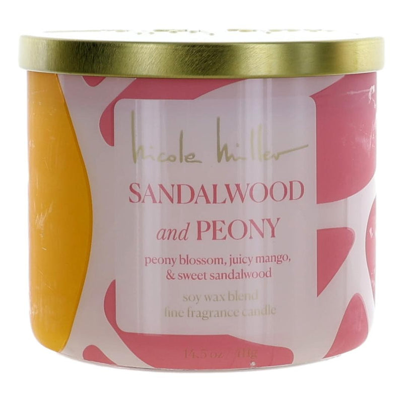 Nicole Miller 14.5oz soy wax blend candle with three wicks, featuring sandalwood and peony scent, in a stylish container.