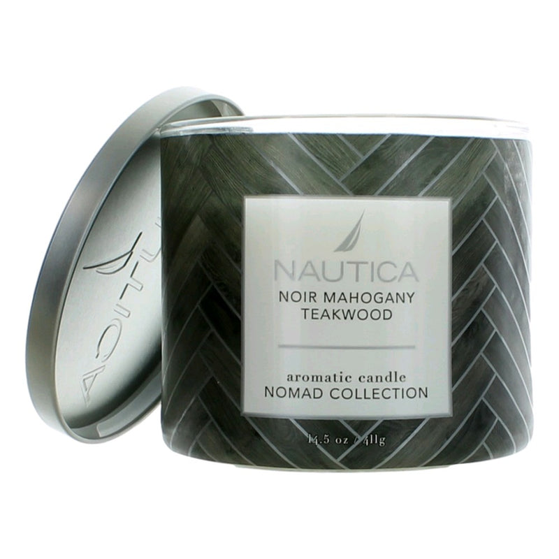 Nautica 14.5 oz soy wax blend three-wick candle in Noir Mahogany Teakwood scent, with a sleek glass jar and lit flames inside.