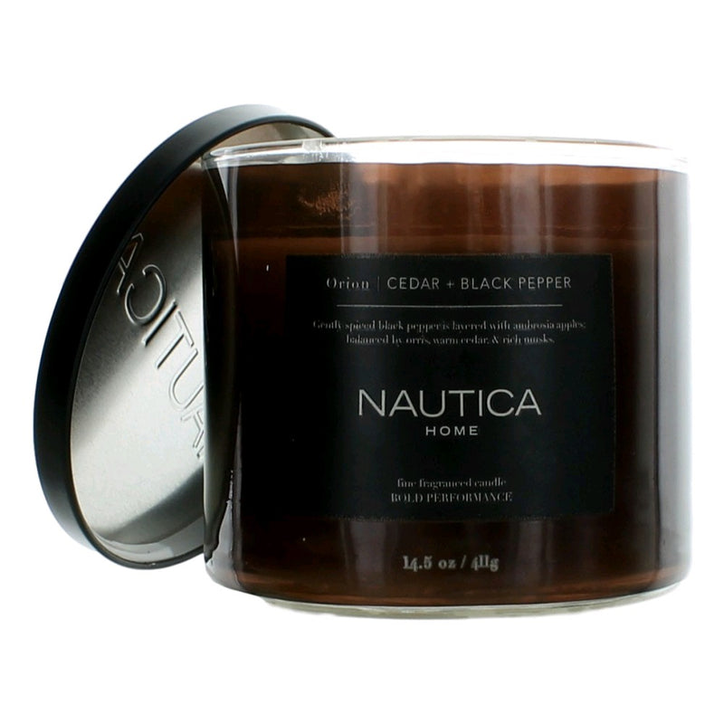 Nautica 14.5oz soy wax three-wick candle with Orion cedar and black pepper scent, featuring a modern glass container.