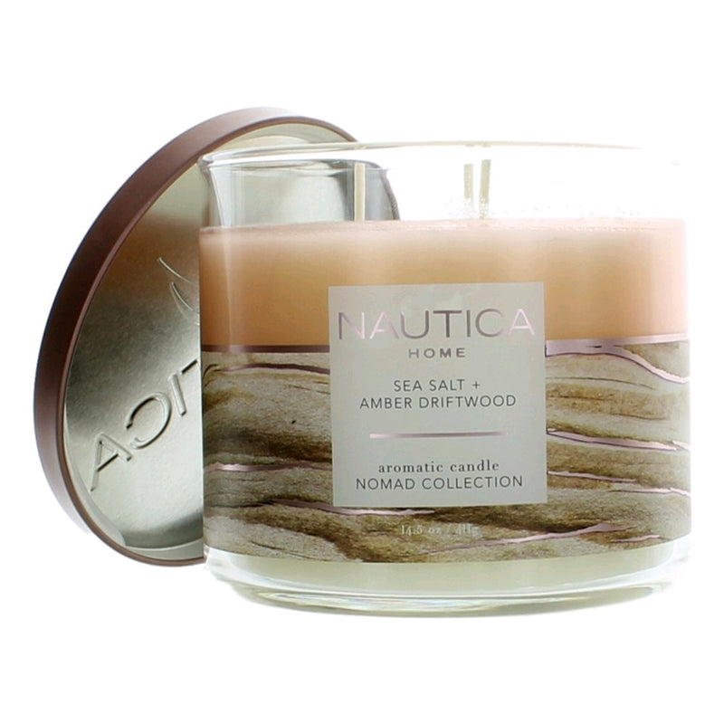Nautica 14.5oz soy wax blend candle with three wicks, featuring sea salt, amber, and driftwood scent in a glass jar.