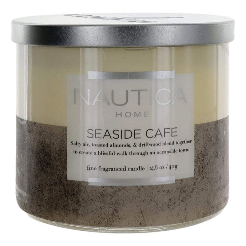 Nautica Seaside Cafe soy wax blend 3-wick candle in 14.5 oz jar, featuring a coastal-inspired design and warm, inviting glow.