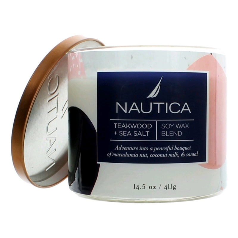 Nautica 14.5 oz soy wax blend three-wick candle with Teakwood and Sea Salt scent, featuring a glass jar and wooden lid.