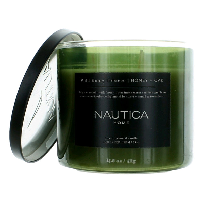 Nautica 14.5oz soy wax blend three-wick candle with wild honey, tobacco, honey, and oak fragrance in a glass container.