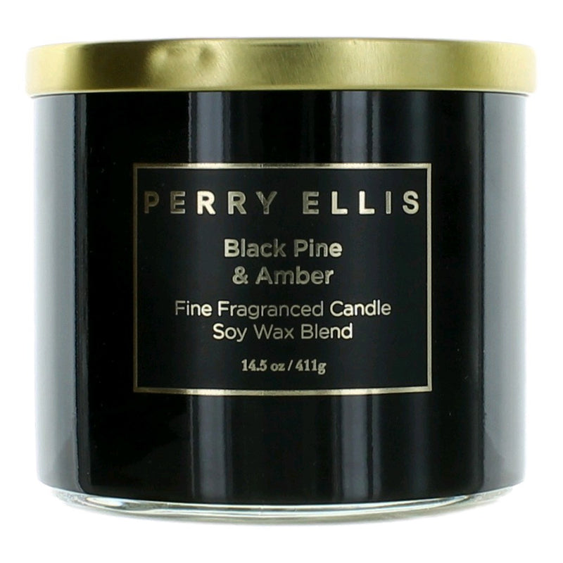 Perry Ellis 14.5 oz soy wax blend three-wick candle in black pine and amber scent, with a black container and wick flames.