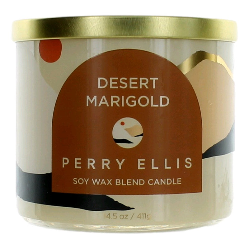 Perry Ellis 14.5 oz soy wax blend three-wick candle in desert marigold with a glass jar and decorative label.