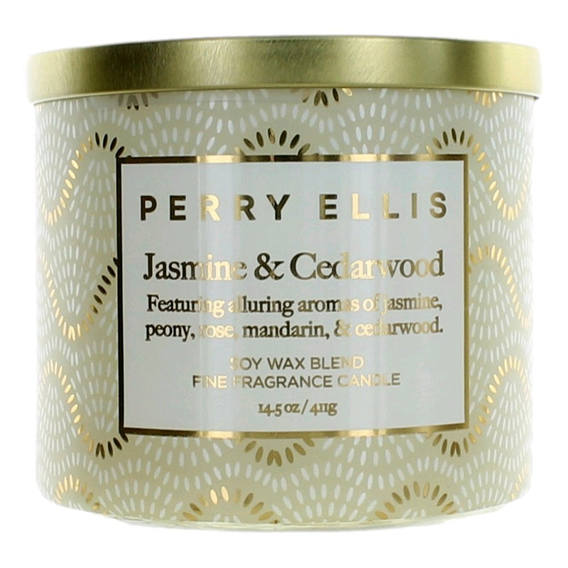 Perry Ellis 14.5 oz soy wax blend three-wick candle with jasmine and cedarwood scent, featuring a clear glass jar and lit wicks.