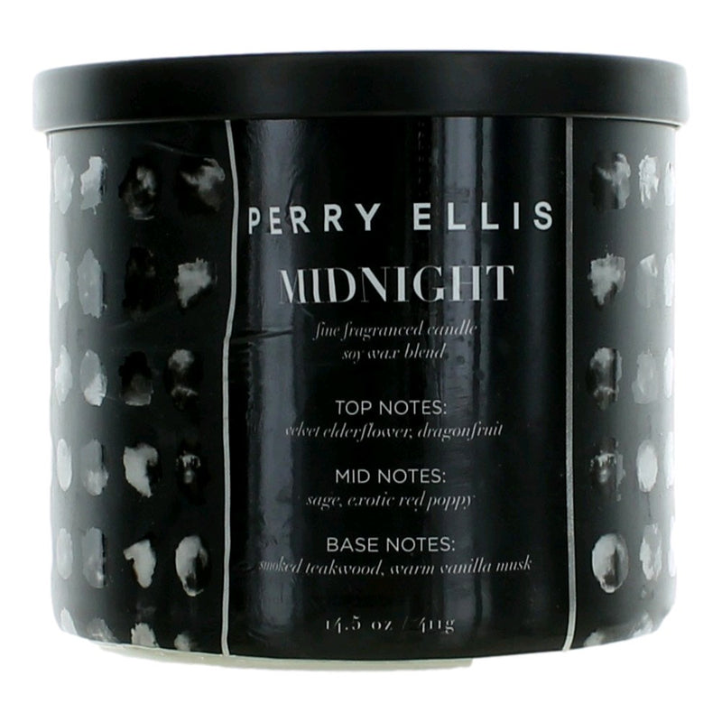 Perry Ellis Midnight soy wax 3-wick candle in a glass jar, featuring a dark, elegant design with three burning wicks.