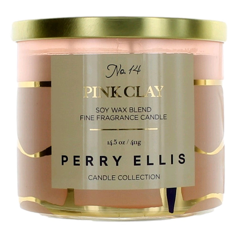 Perry Ellis 14.5 oz pink clay soy wax blend 3-wick candle with a stylish container, ideal for home decor and ambiance.