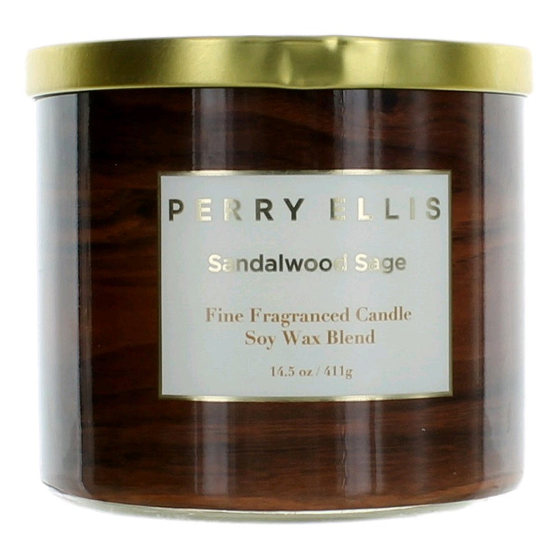 Perry Ellis 14.5 oz soy wax blend three-wick candle in sandalwood sage scent, featuring a glass jar with a wooden lid.