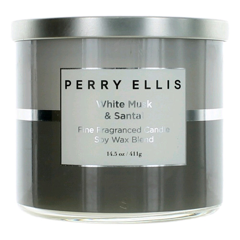 Perry Ellis 14.5 oz soy wax blend three-wick candle with white musk and santal scent in a white container.