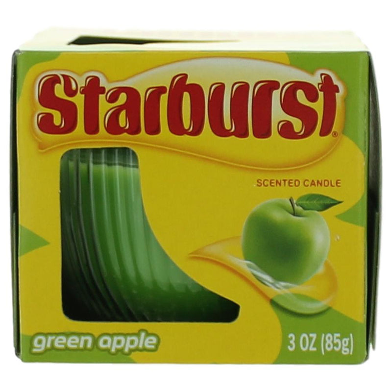 Starburst Green Apple scented candle in a 3 oz jar with bright green wax and a wick, perfect for home fragrance.