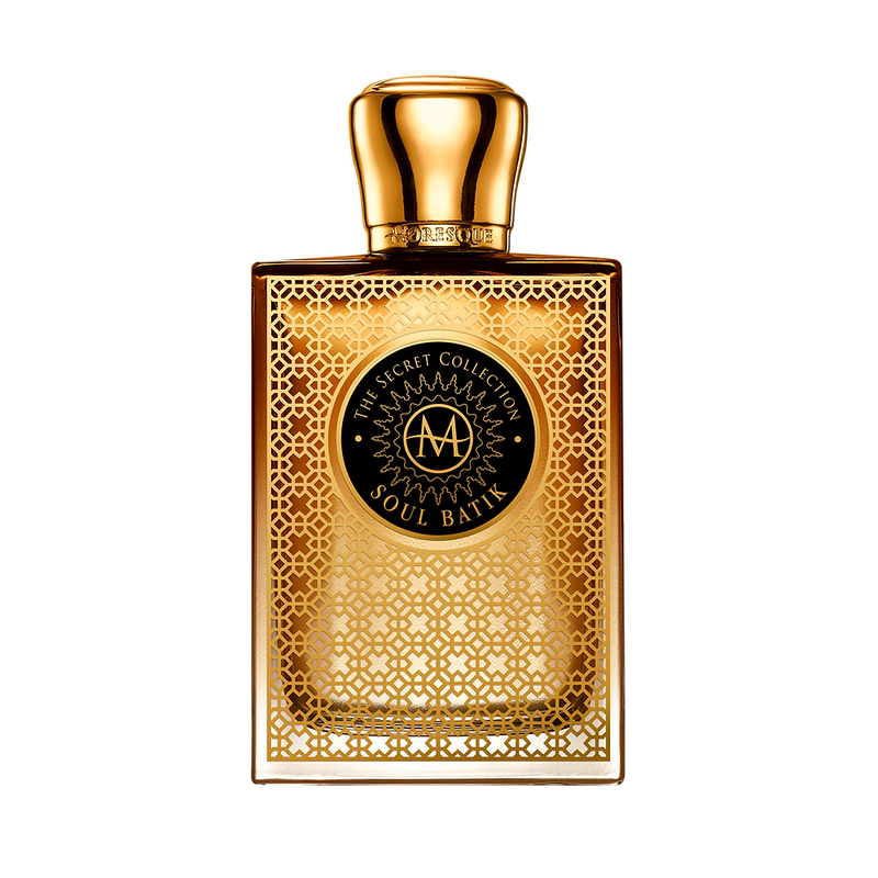 Soul Batik Moresque perfume bottle, Online Warehouse, 2.5 oz, elegant glass container with decorative design.